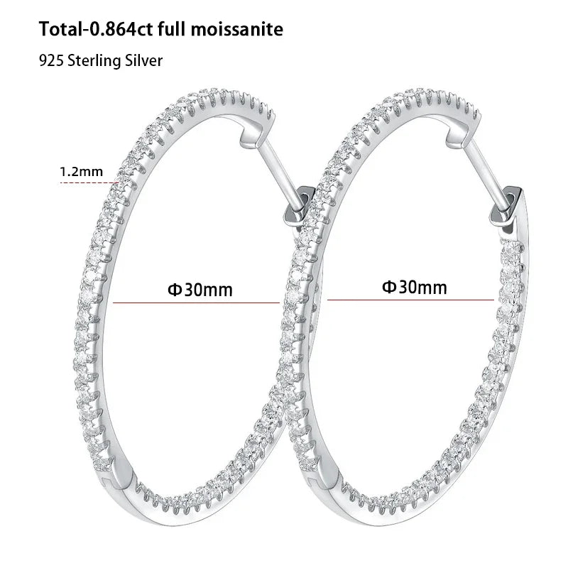 Moissanite Hoop Earrings 30/50mm Sterling Silver 925 Bridal Wedding Hoops