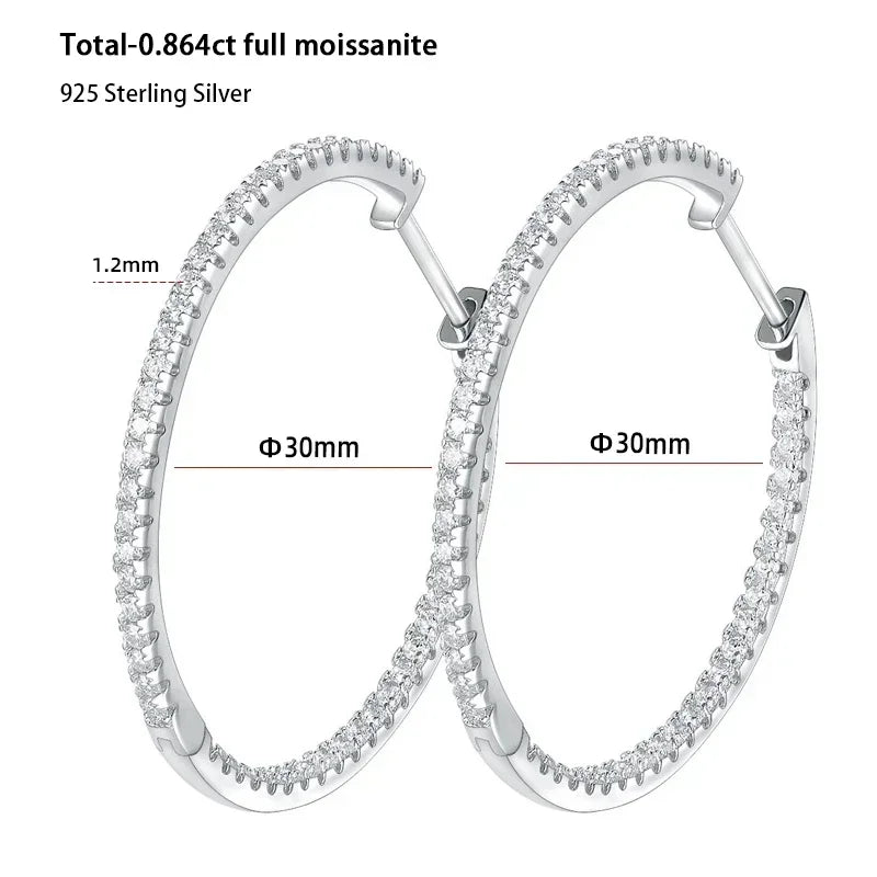 Moissanite Hoop Earrings 30/50mm Sterling Silver 925 Bridal Wedding Hoops