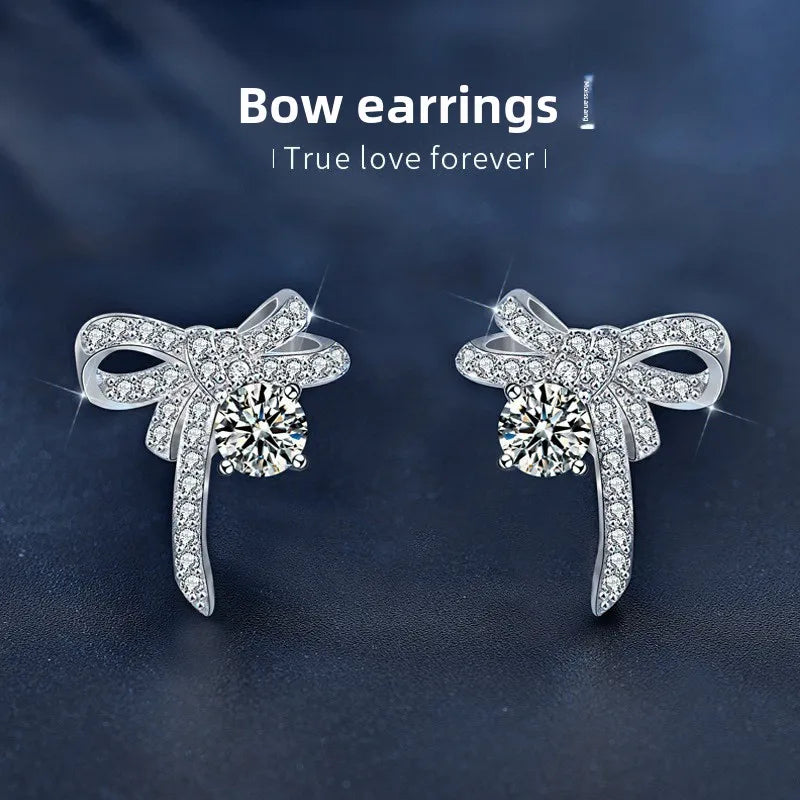 S925 Sterling Silver Moissanite Stud Earrings 0.5ct×2 Bow Fringe Dangle Women