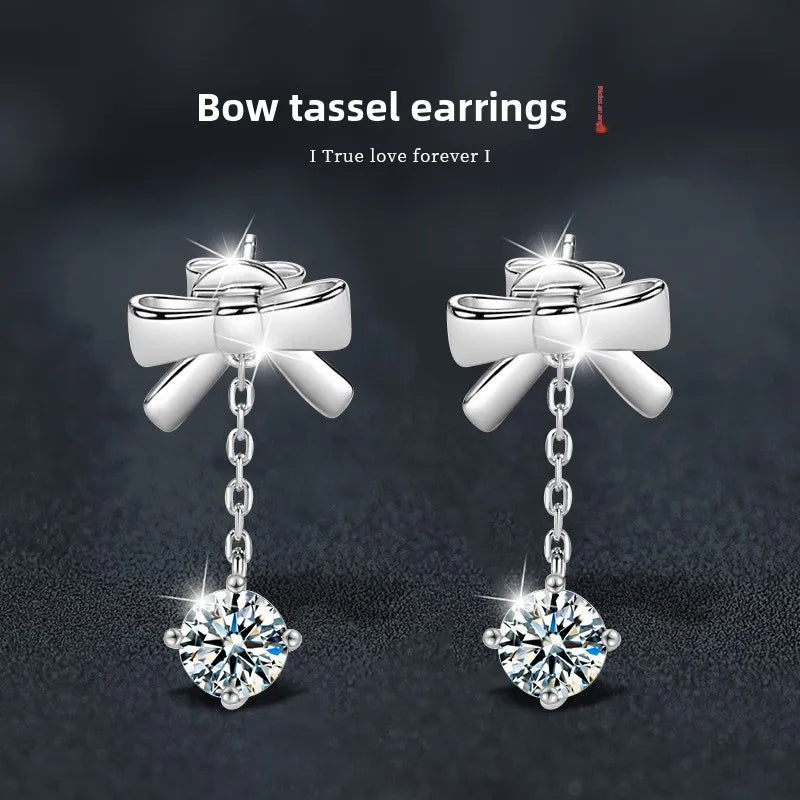 S925 Sterling Silver Moissanite Stud Earrings 0.5ct×2 Bow Fringe Dangle Women