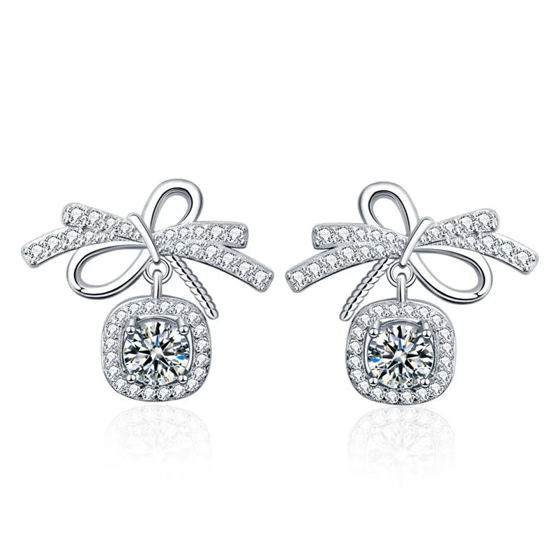 S925 Sterling Silver Moissanite Stud Earrings 0.5ct×2 Bow Fringe Dangle Women