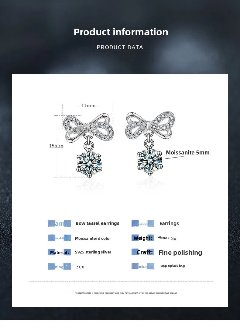 S925 Sterling Silver Moissanite Stud Earrings 0.5ct×2 Bow Fringe Dangle Women