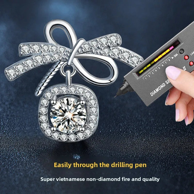 S925 Sterling Silver Moissanite Stud Earrings 0.5ct×2 Bow Fringe Dangle Women