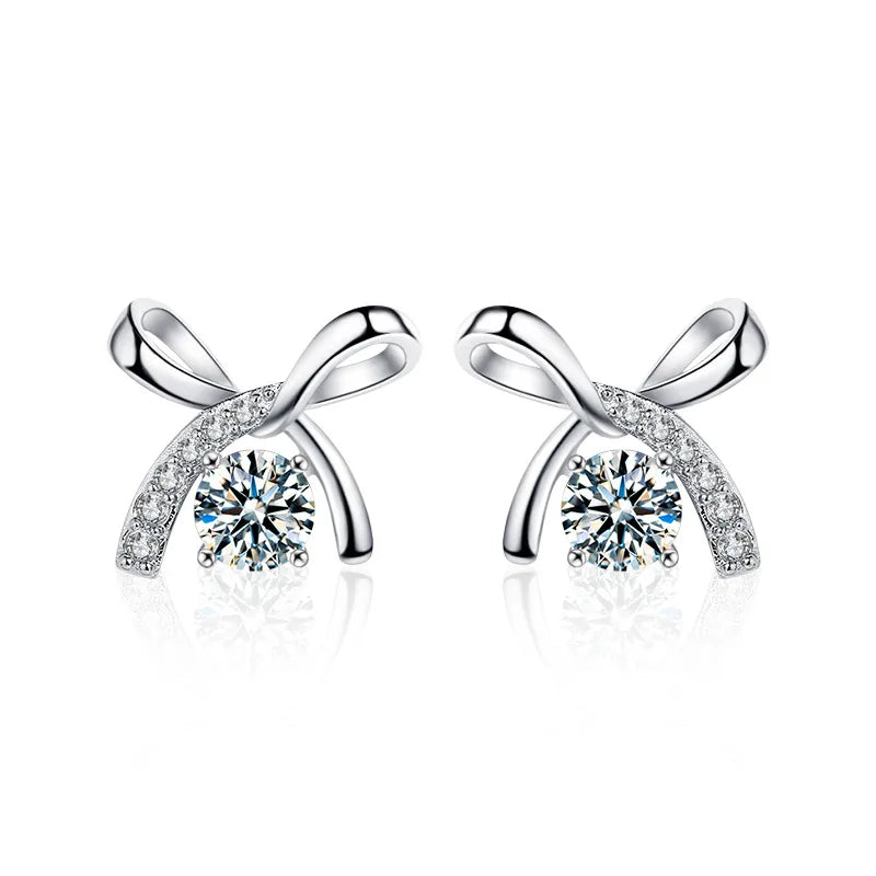 S925 Sterling Silver Moissanite Stud Earrings 0.5ct×2 Bow Fringe Dangle Women