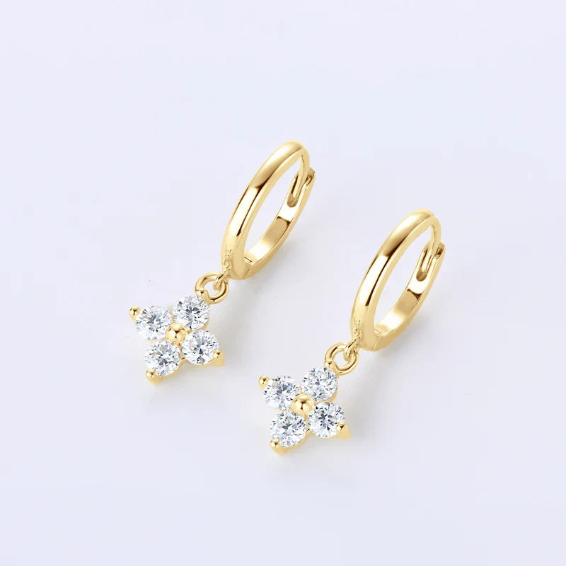 Sterling Silver 925 3mm Moissanite Four-Leaf Clover Hoop Dangle Earrings Women