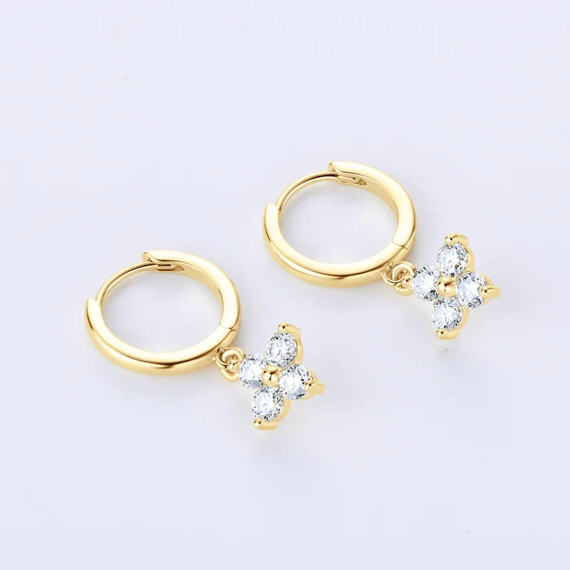 Sterling Silver 925 3mm Moissanite Four-Leaf Clover Hoop Dangle Earrings Women