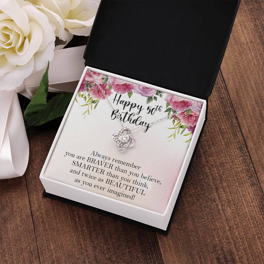 Happy 50th Birthday Necklace, 50th Birthday Gifts for Women, Birthday Gift for Her, Box Gift Card Love Knot Necklace Xx156lk40