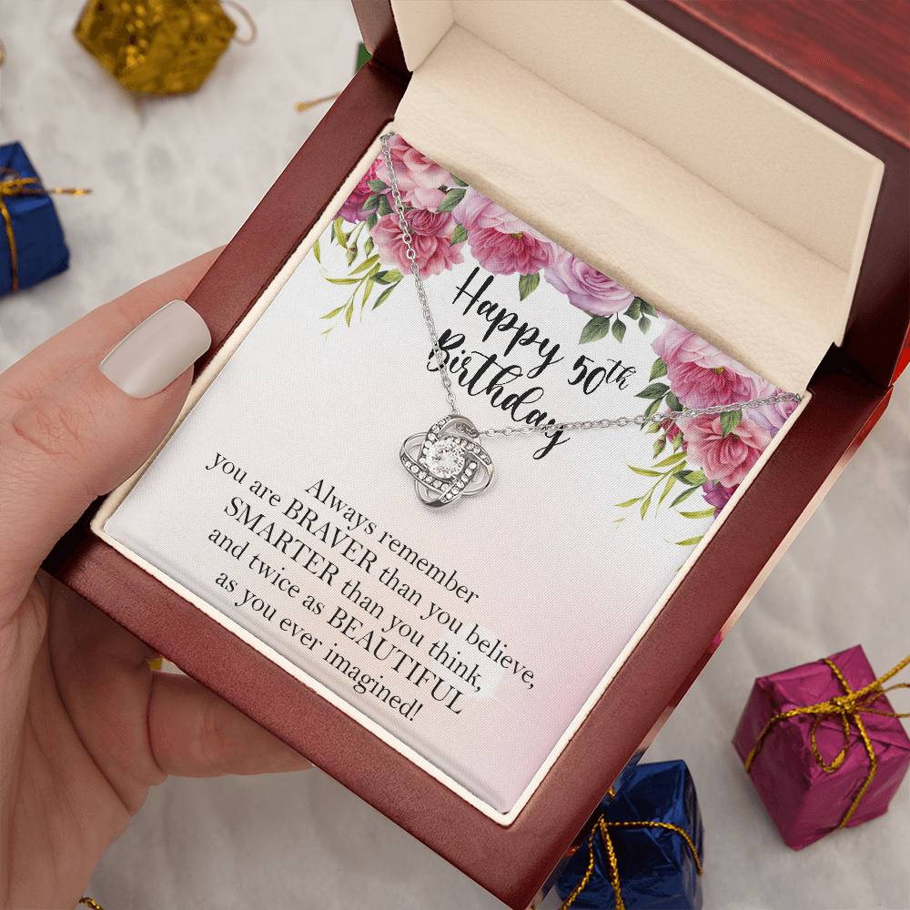 Happy 50th Birthday Necklace, 50th Birthday Gifts for Women, Birthday Gift for Her, Box Gift Card Love Knot Necklace Xx156lk40