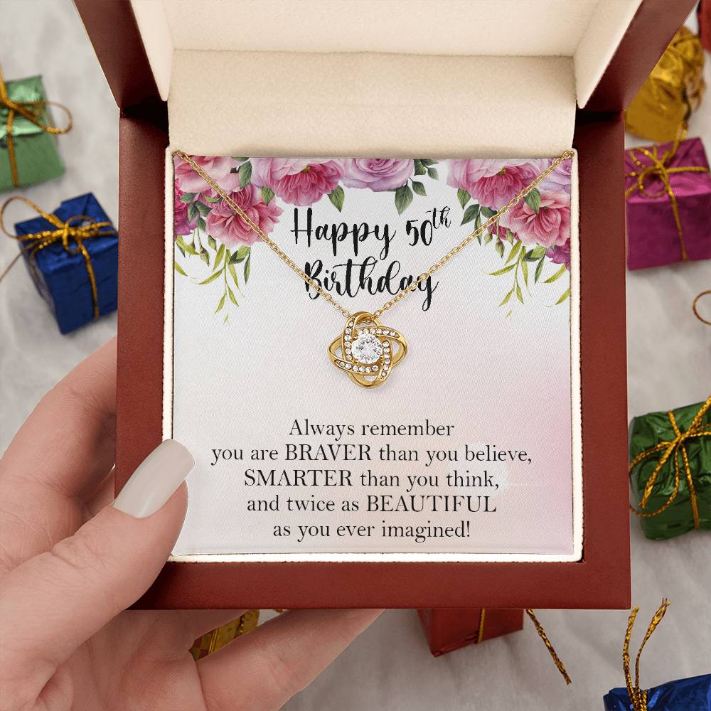 Happy 50th Birthday Necklace, 50th Birthday Gifts for Women, Birthday Gift for Her, Box Gift Card Love Knot Necklace Xx156lk40